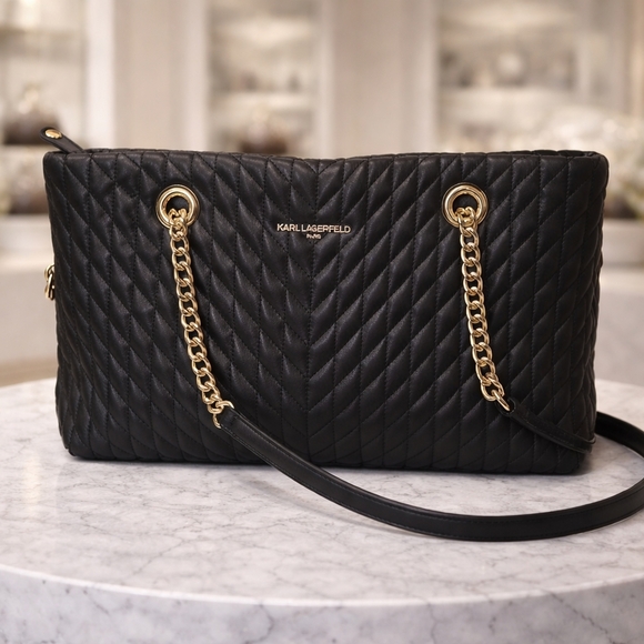 Karl Lagerfeld Handbags - Karl Lagerfeld Black Quilted Shoulder Bag with Gold Chain
